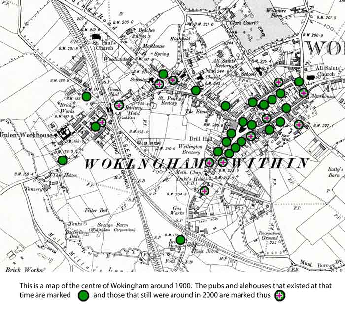 old map of wokingham with circles marked for pubs